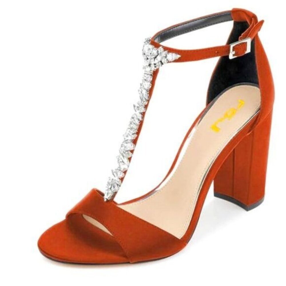 FSJ Orange Wedding T Strap Open Toe Sandals Rhinestones Crystal Studded Shoes